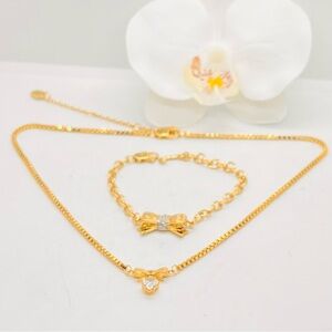 Brand New, Juicy Couture Gold Tone Ribbon Bow Pendant Necklace& Bracelet, Set 2